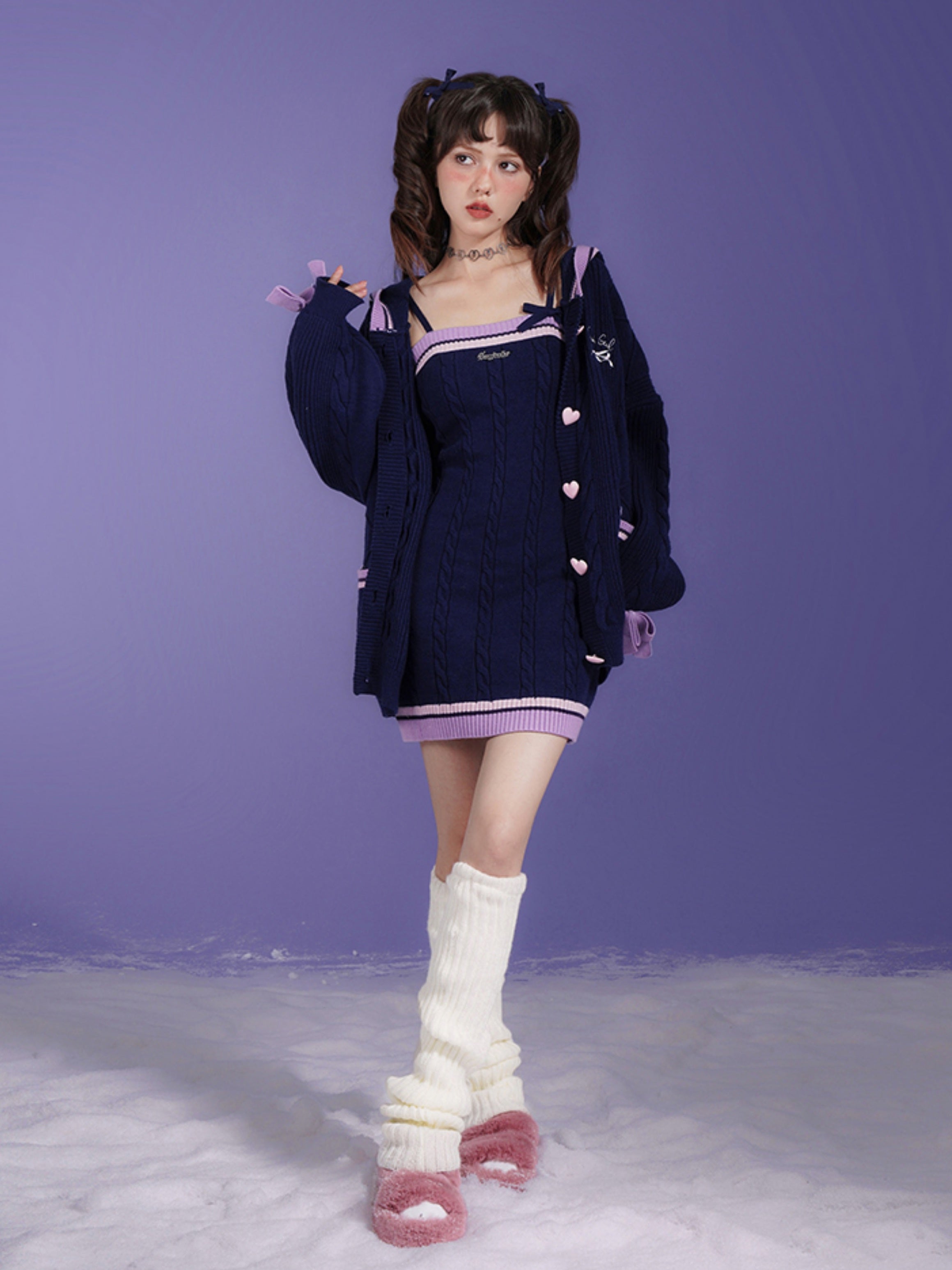 Line Design Hooded Knitted Cardigan & Cable Knitted Slip Dress