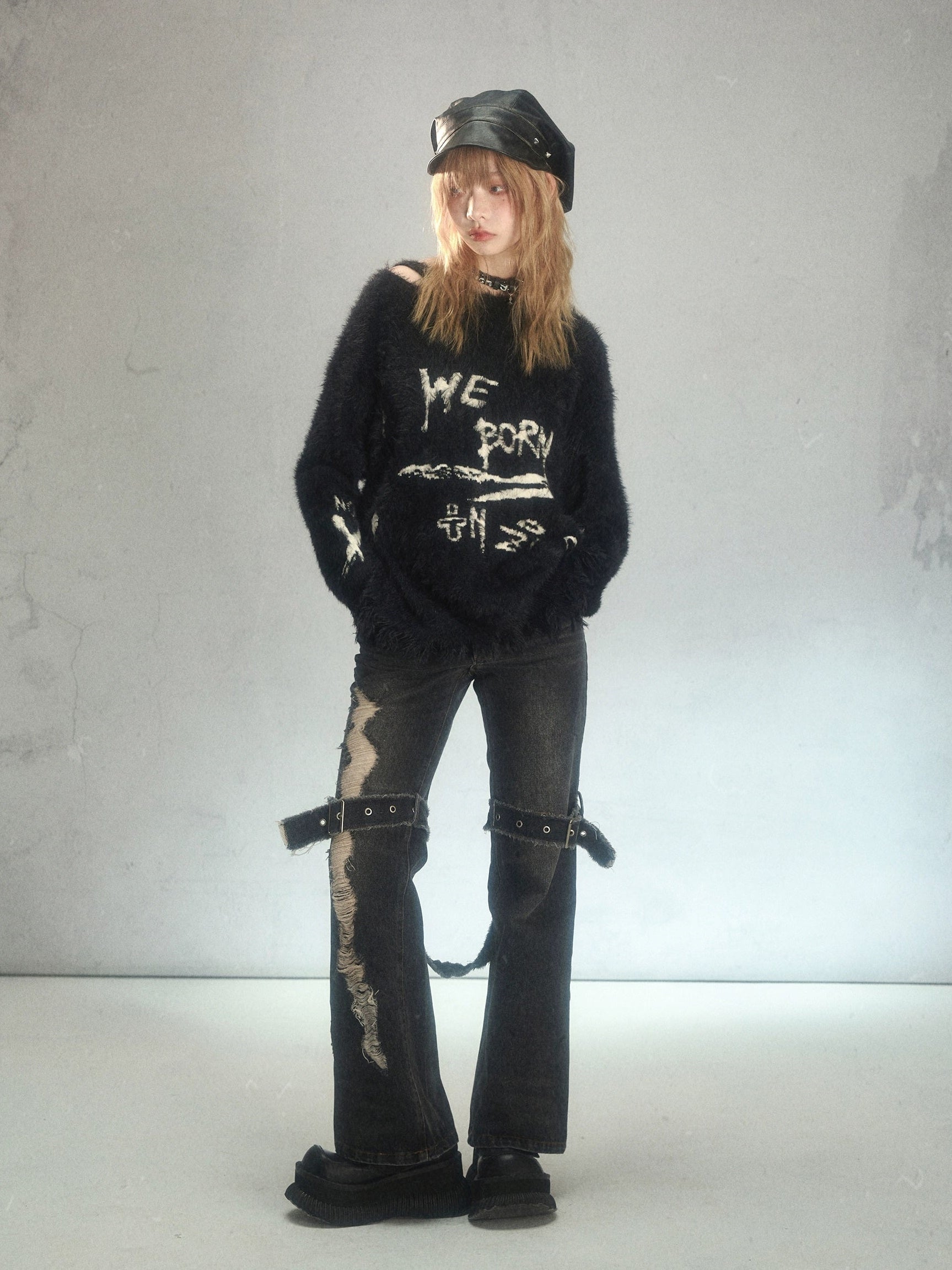 Punk Raw Edge Ripped Holes Flared Denim Trousers