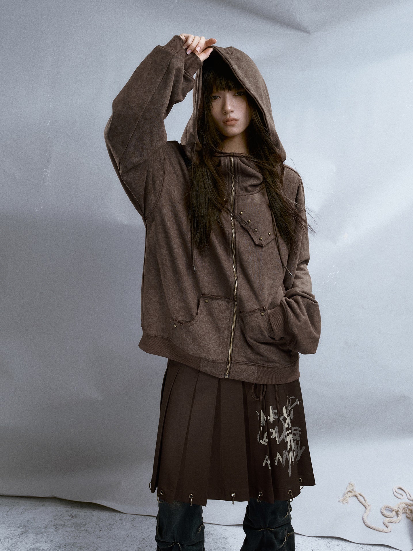 Rivet Distressed ZIP-Up Parka