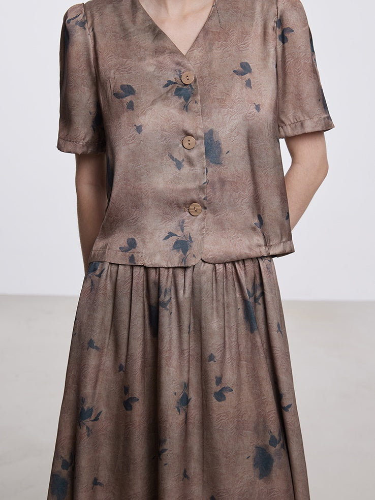Print V-neck Short Sleeve Top & Long Skirt