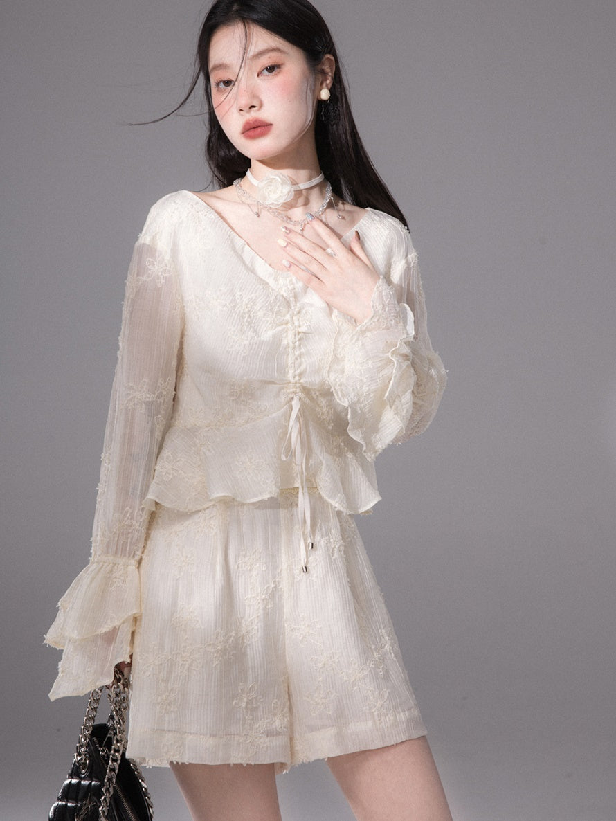 Blumengestickte Kordeltresshemd & Shorts Setup