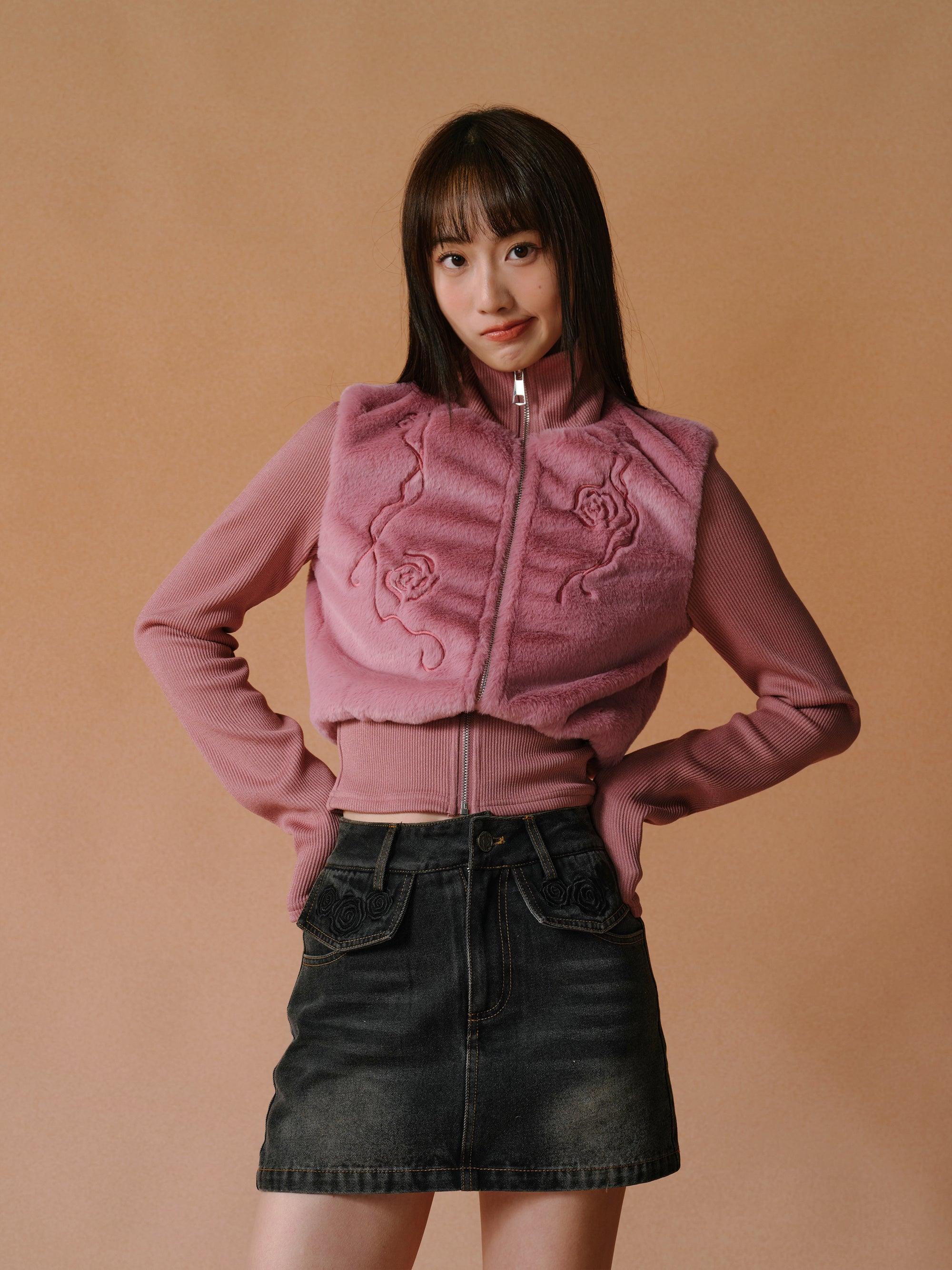 모피 스티칭 꽃 포도 나무 지퍼 높은 목 자켓