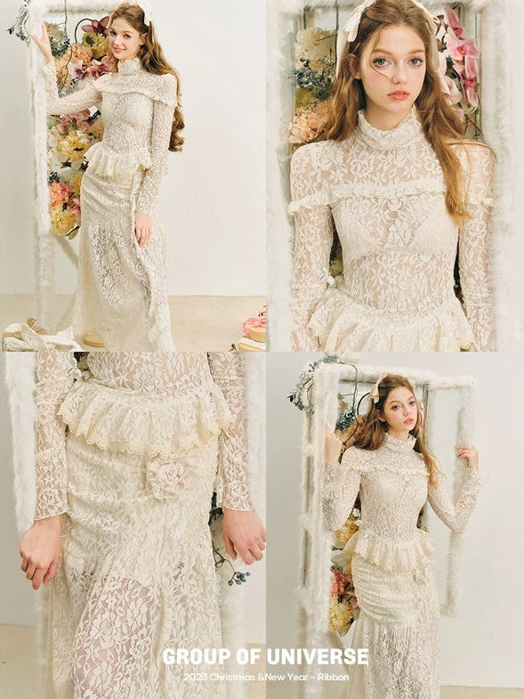 Lace High-Neck Peplum Design Top & Embroidered Lace Skirt