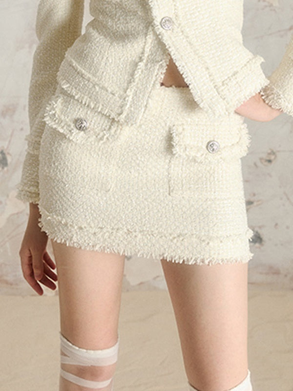 Square Collar Tweed Short Jacket & Tight Skirt