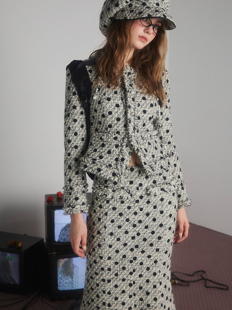 Polka Dot Tweed No-Collar Jacket & Skirt