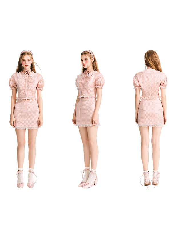 Dot Puff Sleeve Shirt & Lace Stitch Mini Skirt