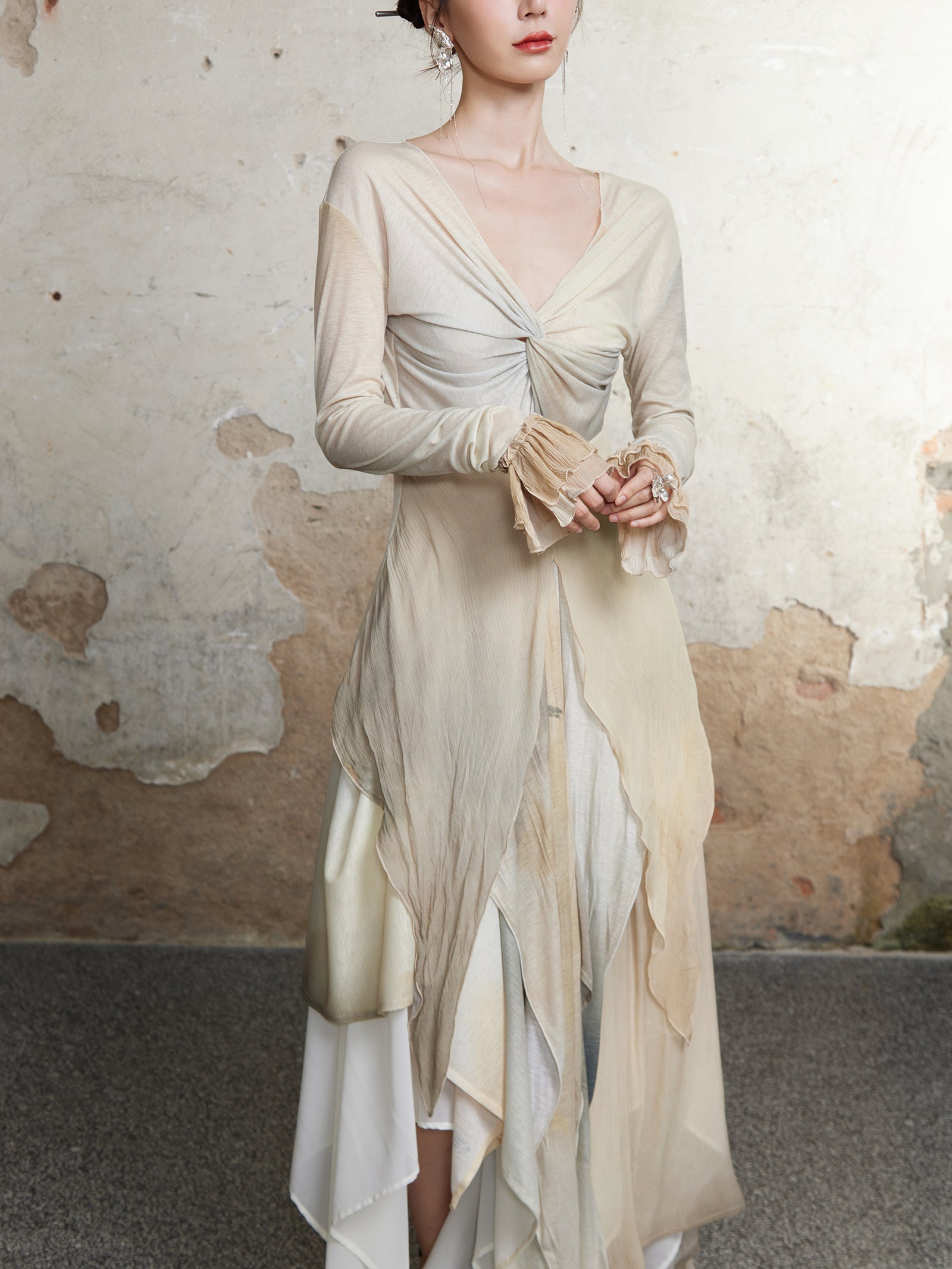 V-Ausschnitt-Twist-Design Langarm Pullover