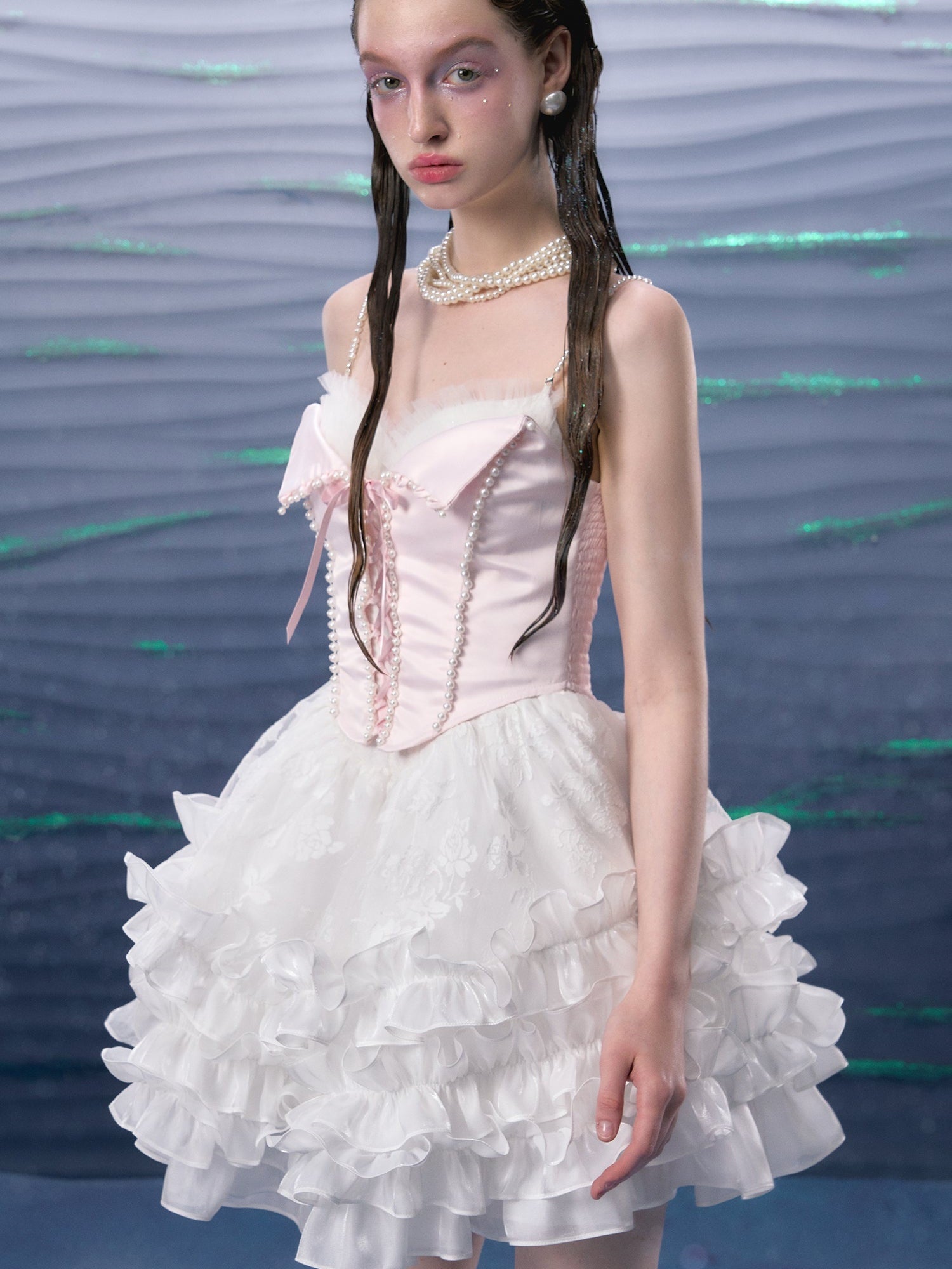 Organza Puffy Suspender Dress & Pearl Corset