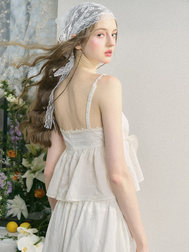 Embroidered Jacquard Ruffled Sling & Asymmetry Skirt