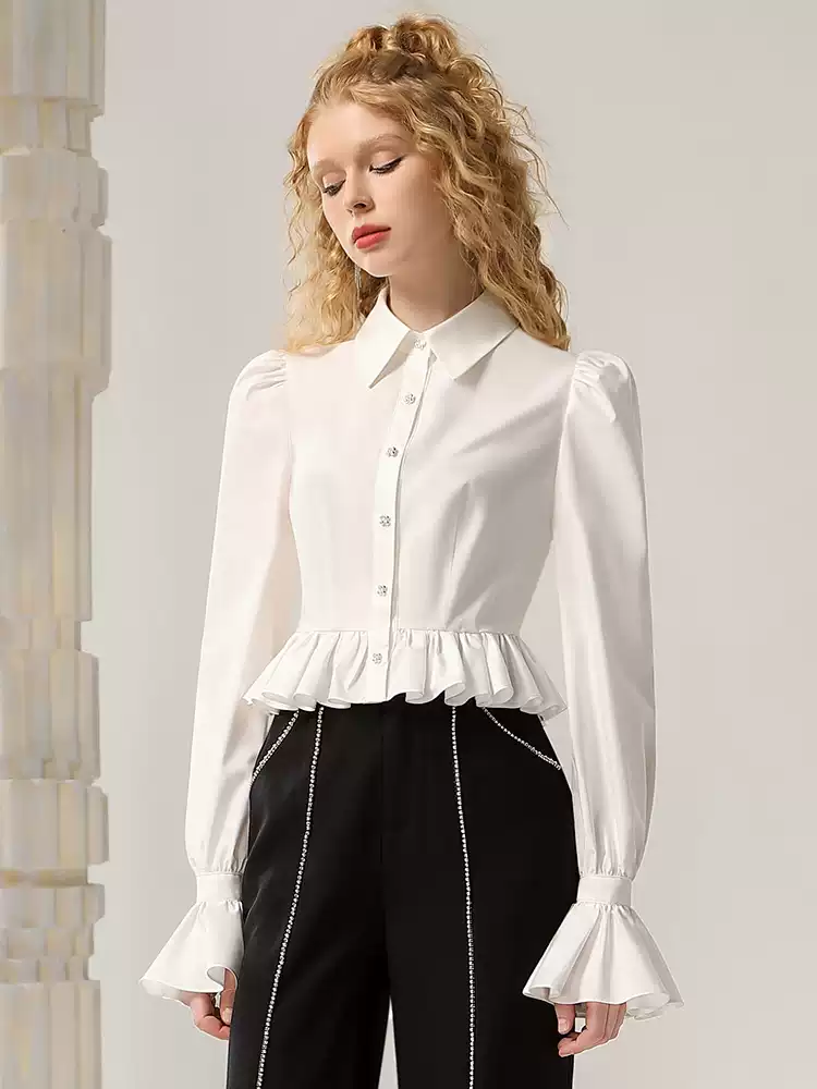 Blouse&Vest&Pants Chic Plaets Monotone Long-Sleeve Set-Up