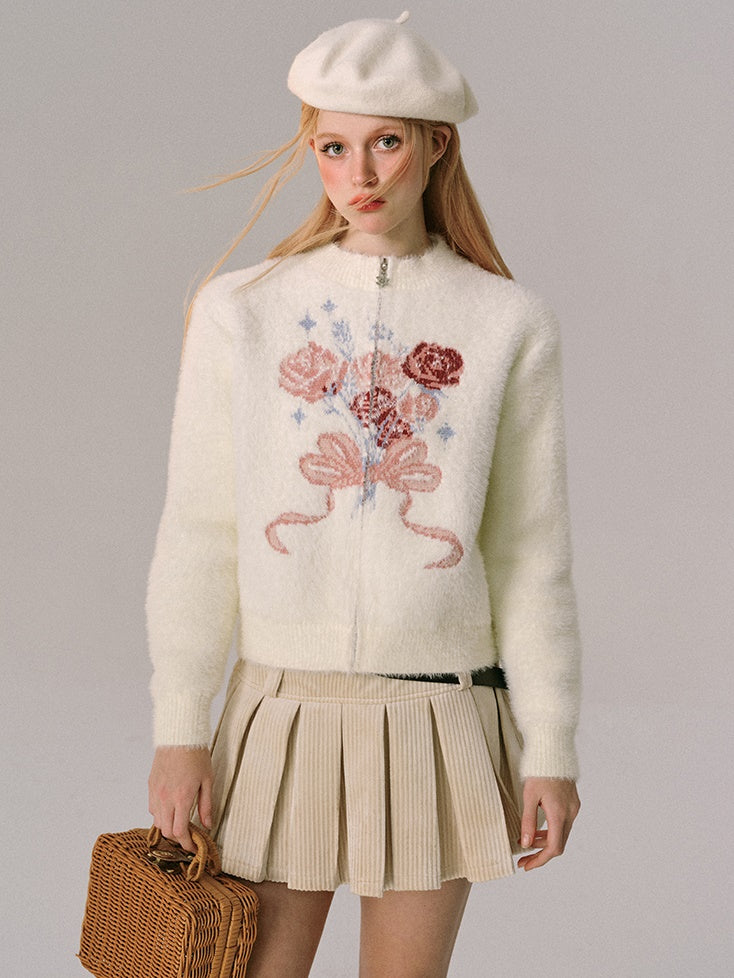 Jacquard Rose Bow Blipper Tripted Cardigan