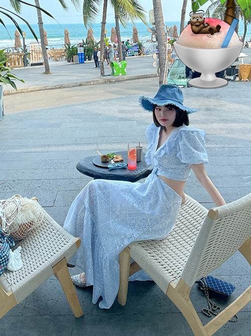 Hollow Lace Puff Sleeves Waistless Dress