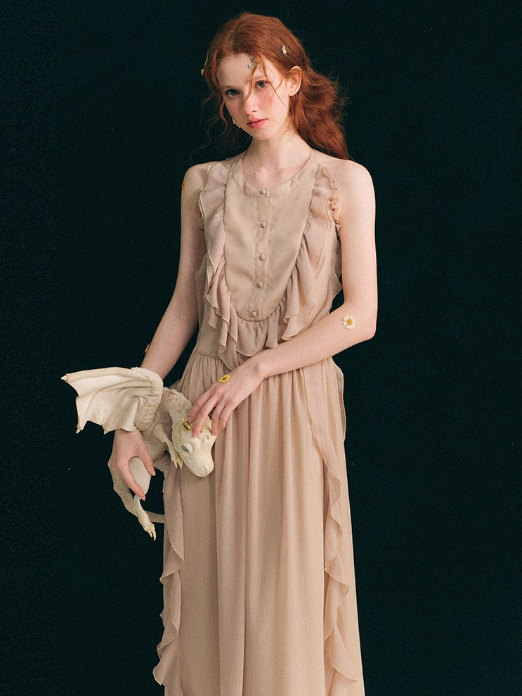 Halterneck Backless Design Frill Long Dress