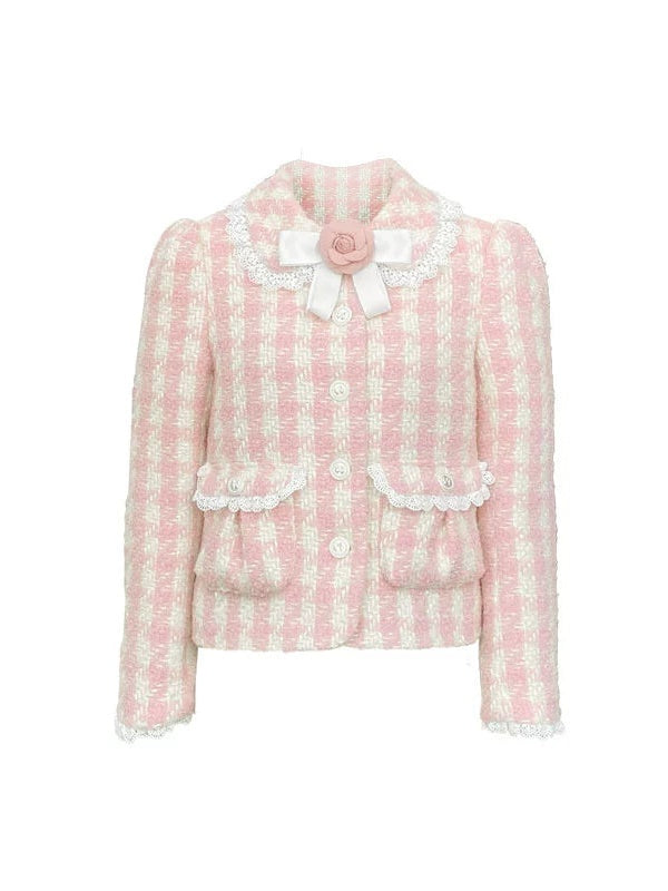 Plaid Bow Flower Brosche Spee Paded Short Jacket & Rock
