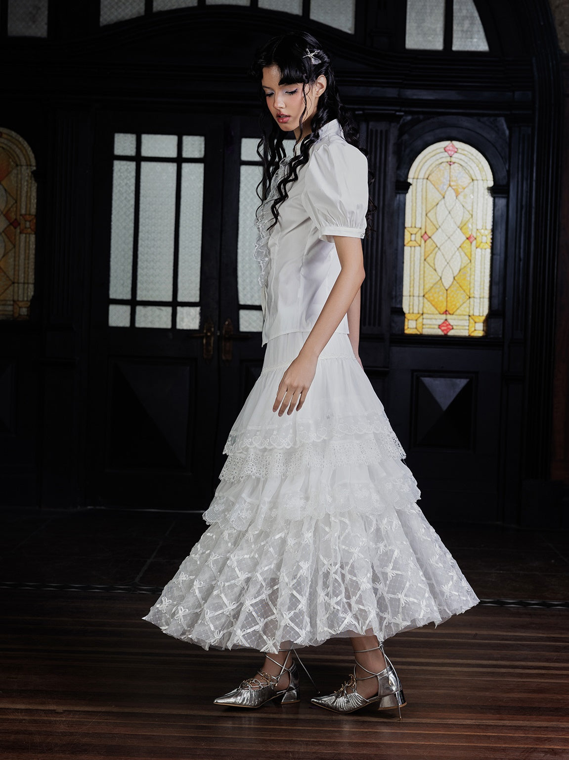 Lace Pearl Buckle Waist Shirt & Lace Cake Skirt