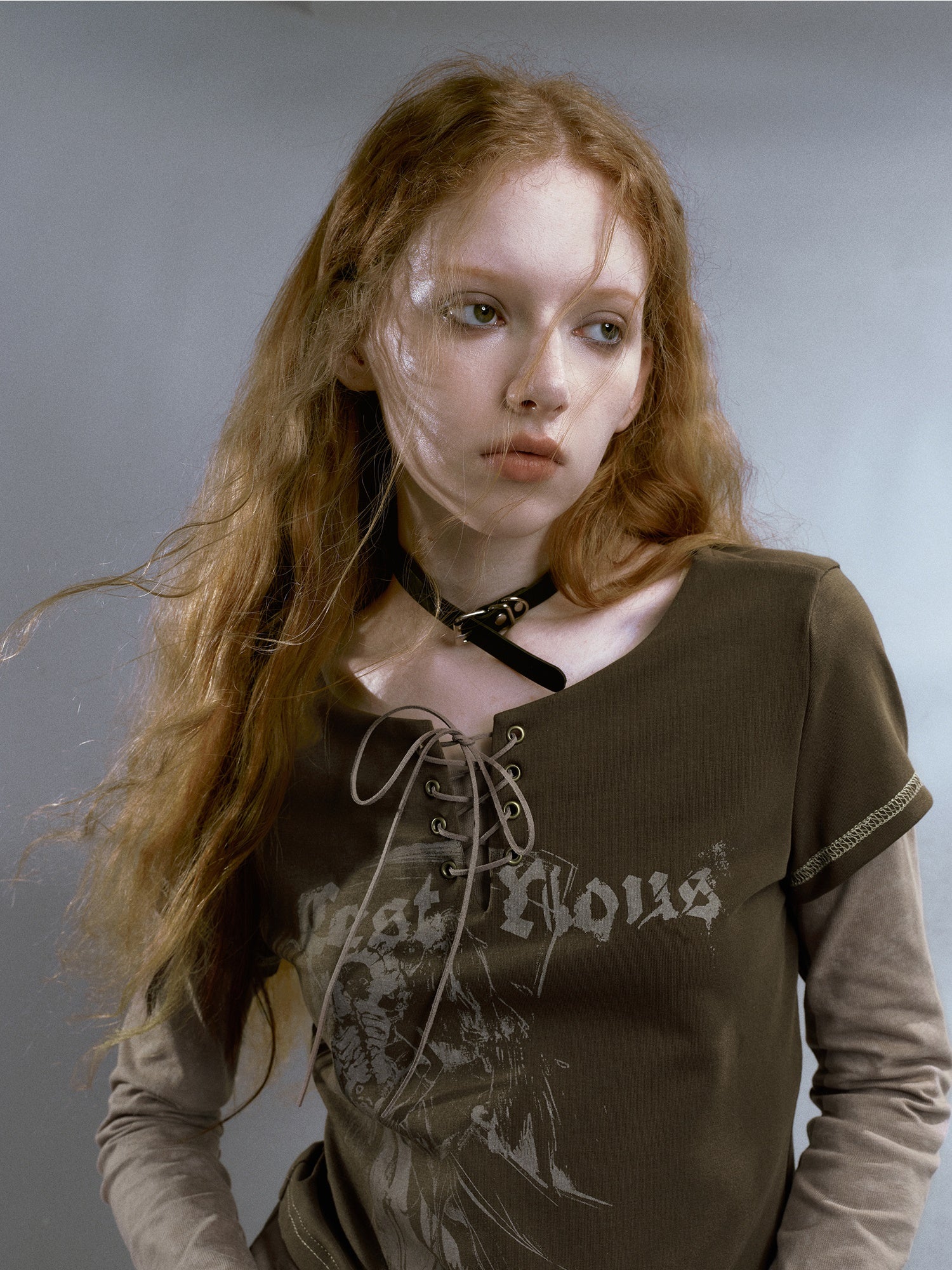 Fake 2Piece Lace-up Print Long T-Shirt