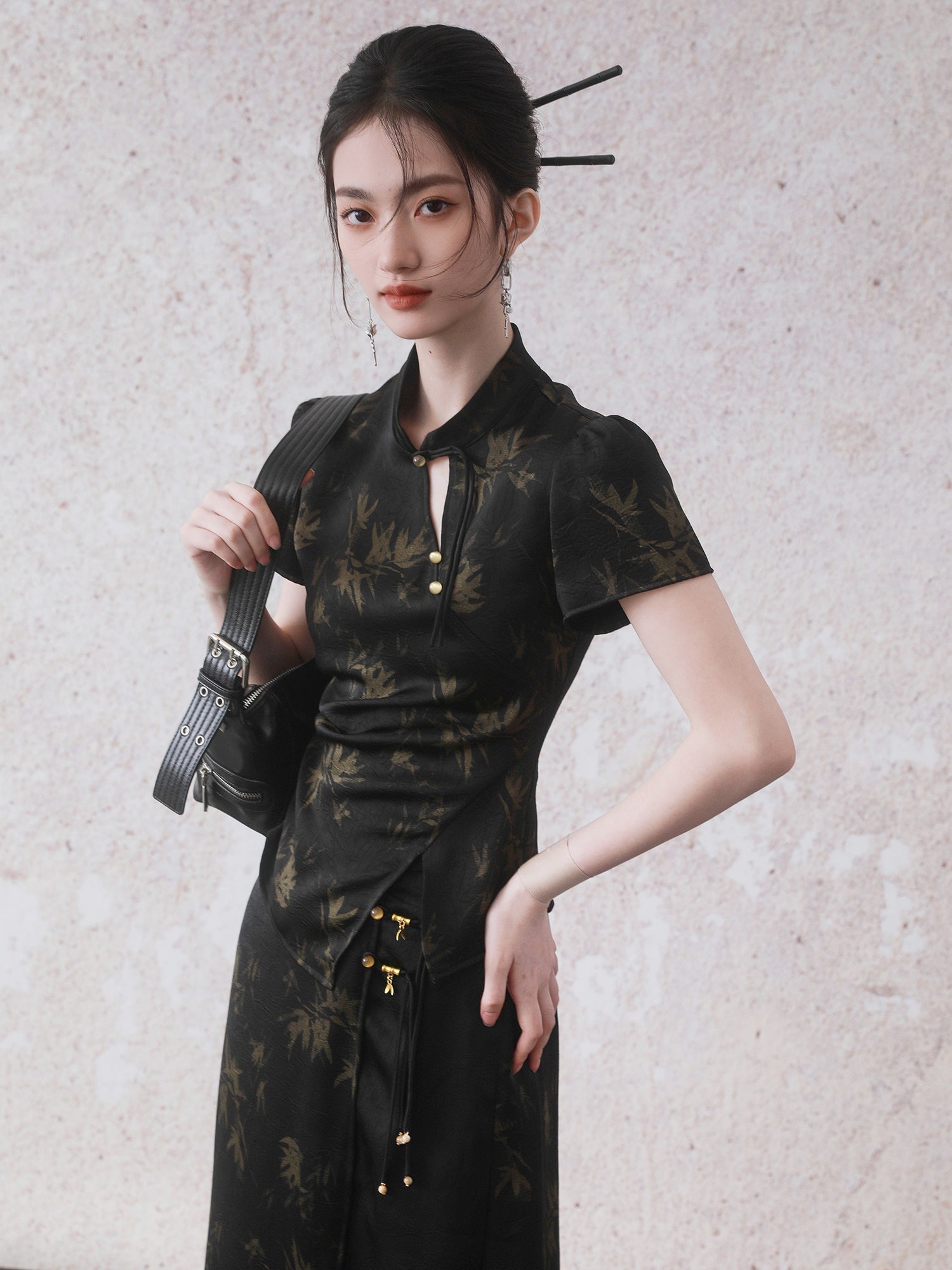 Chinese Style Bamboo Print Short Sleeve Shirt & A-Line Skirt