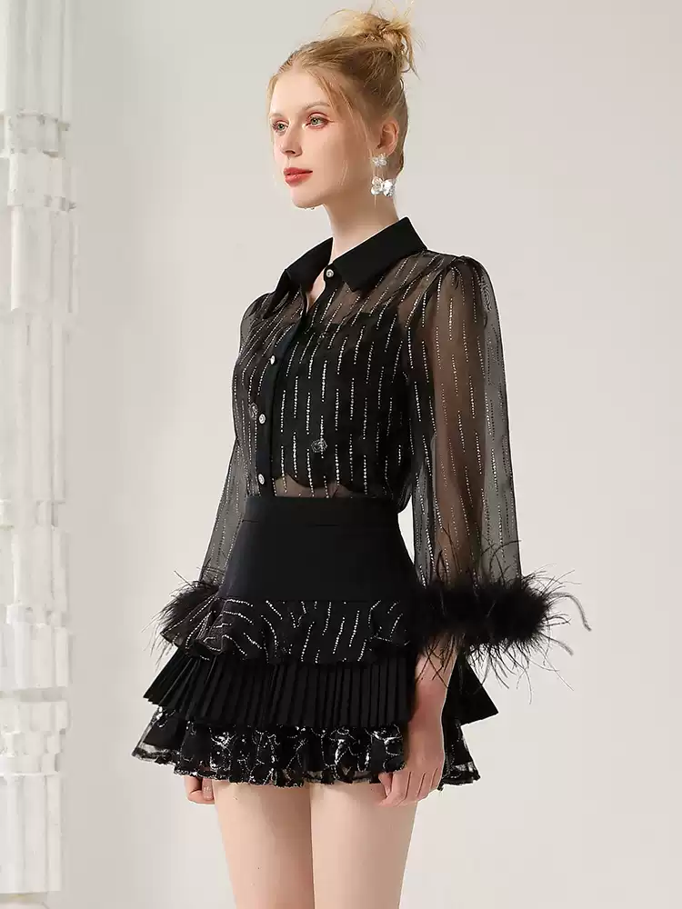 Set-Up 2Set Fur See-Through Elegant Lace Blouse&Mini-Skirt&Camisole
