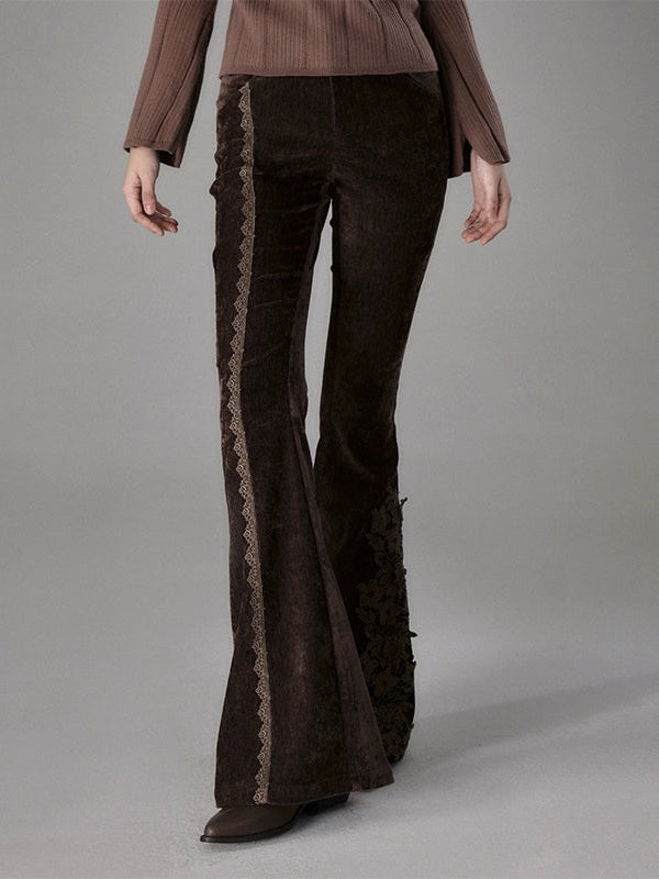 Lace Stitch Elastic Slim Velvet Bootcut Pants