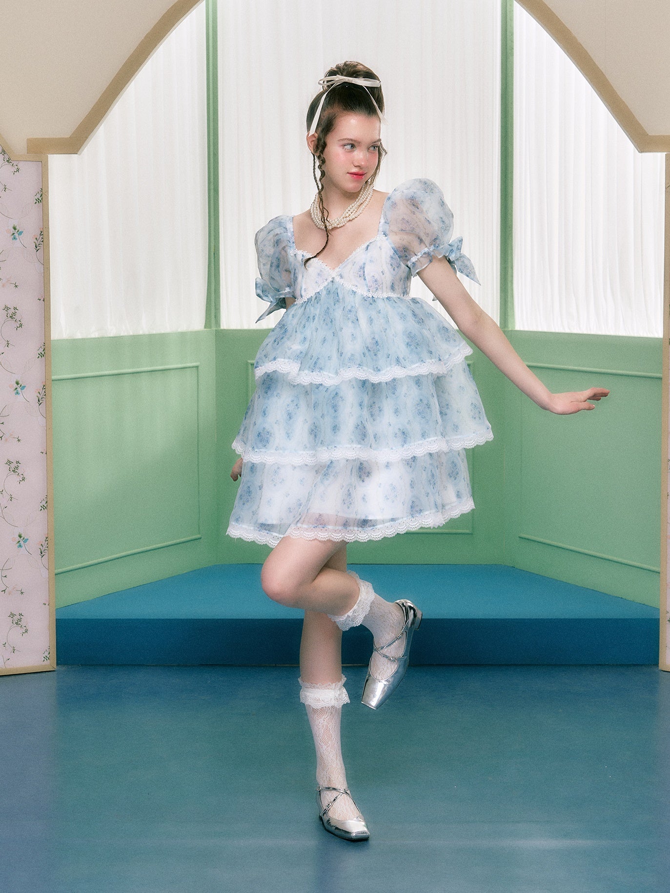 Organza Quadratkragen Puffhülsenkleid Kleid