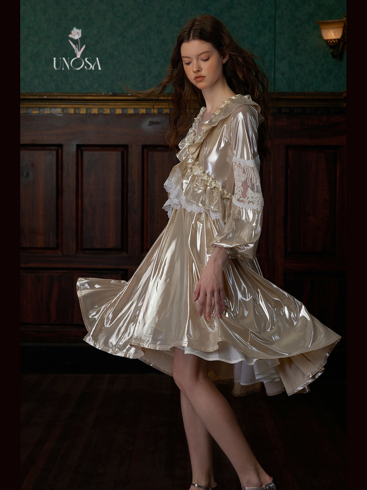 Luster Lace Stitching Frill Dress
