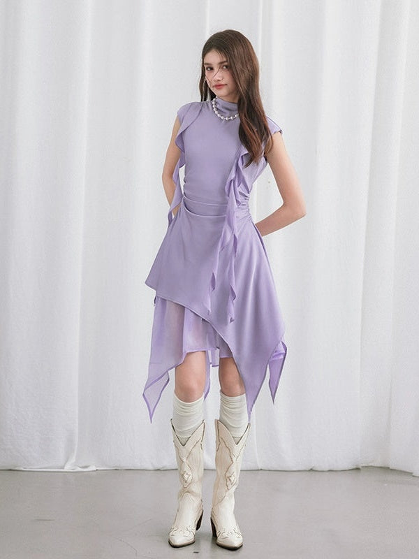 Backless Panelled Gauze Waist Streamers Irregular Midi Dress