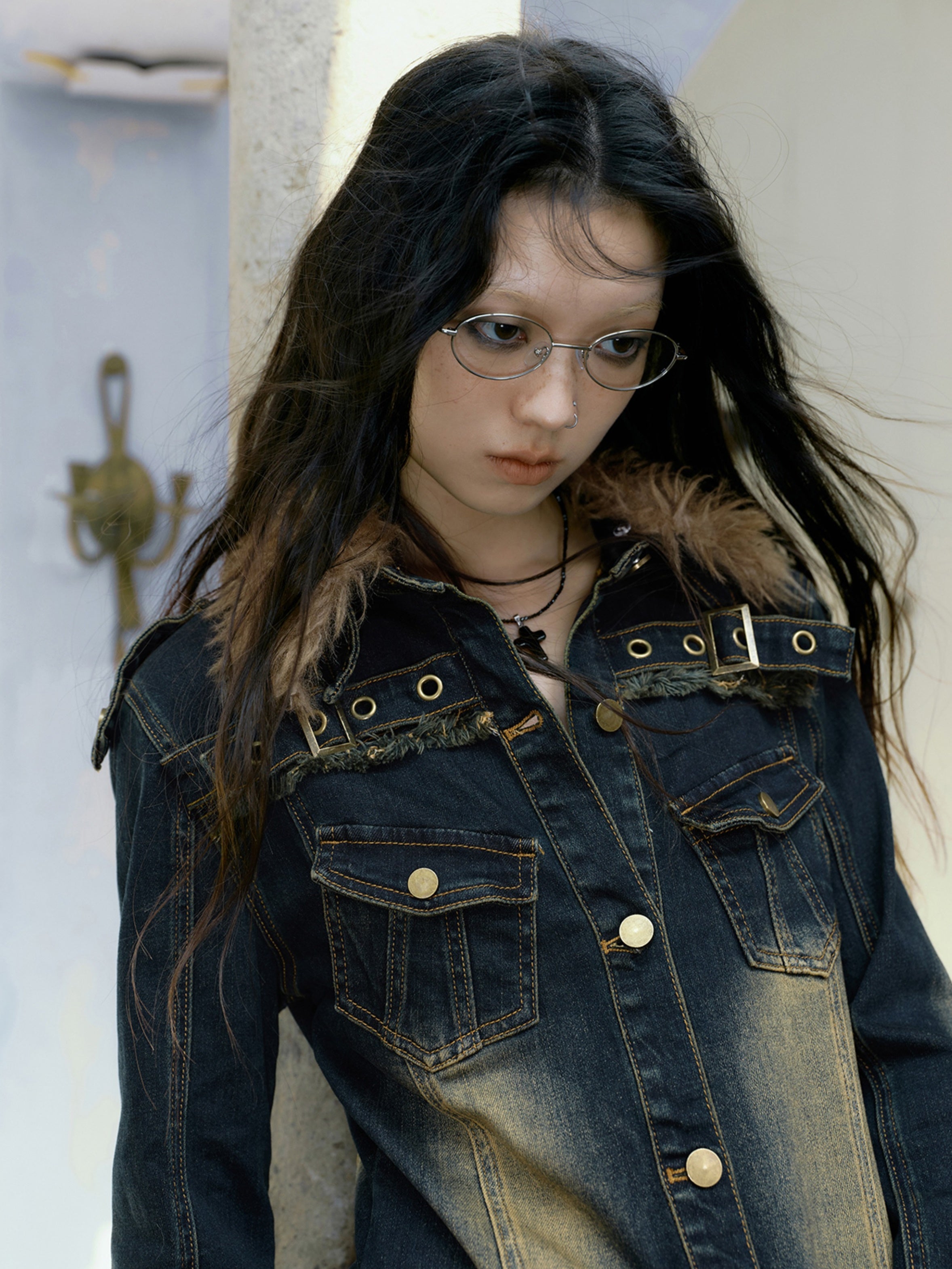 Fur Collar Washed And Distressed Slim Denim Dress