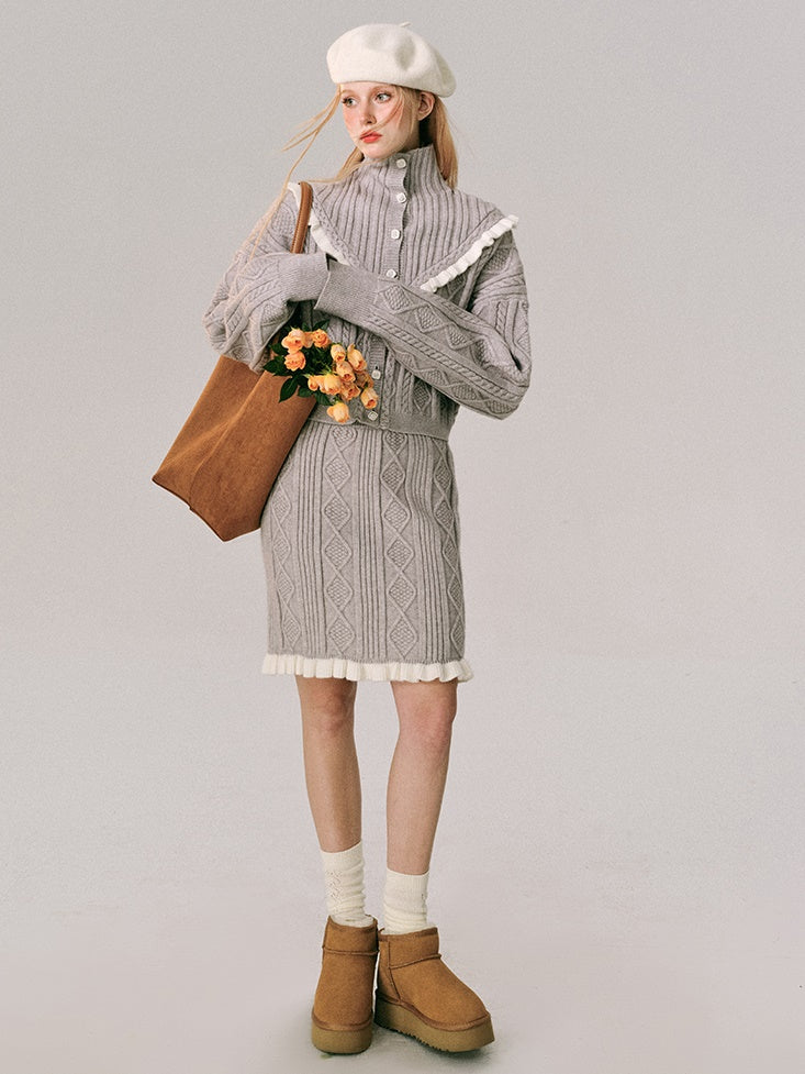 Hoher Hals gehäkelt Holzohr Strickjacke & Rock