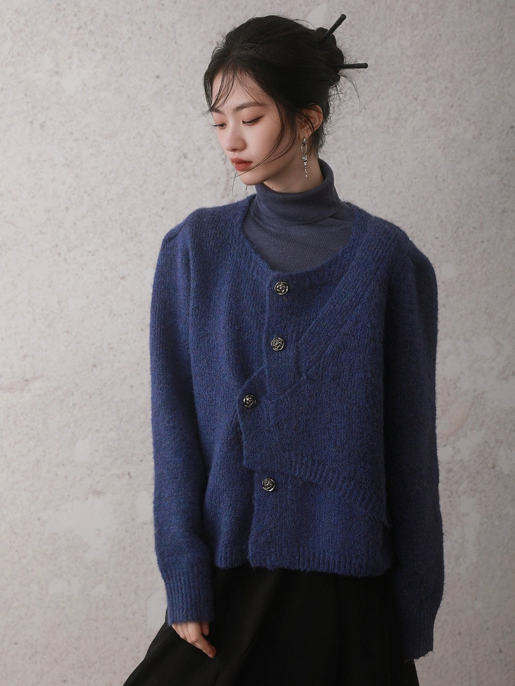 Irregular Button Round Neck Knitted Cardigan
