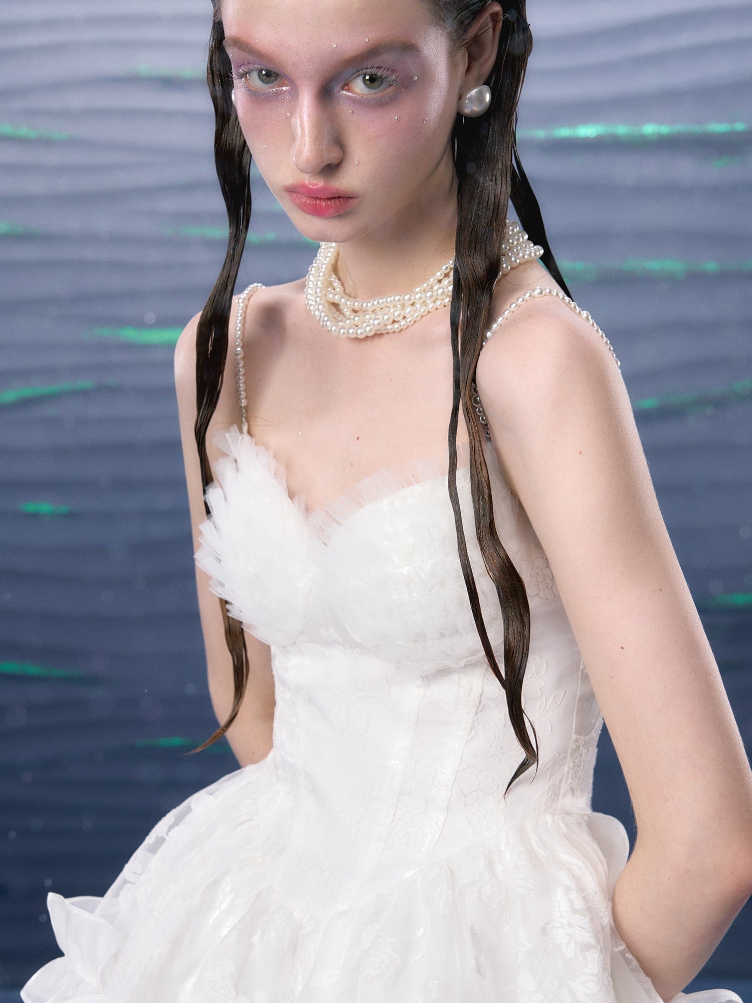 Organza Puffy Suspender Dress & Pearl Corset