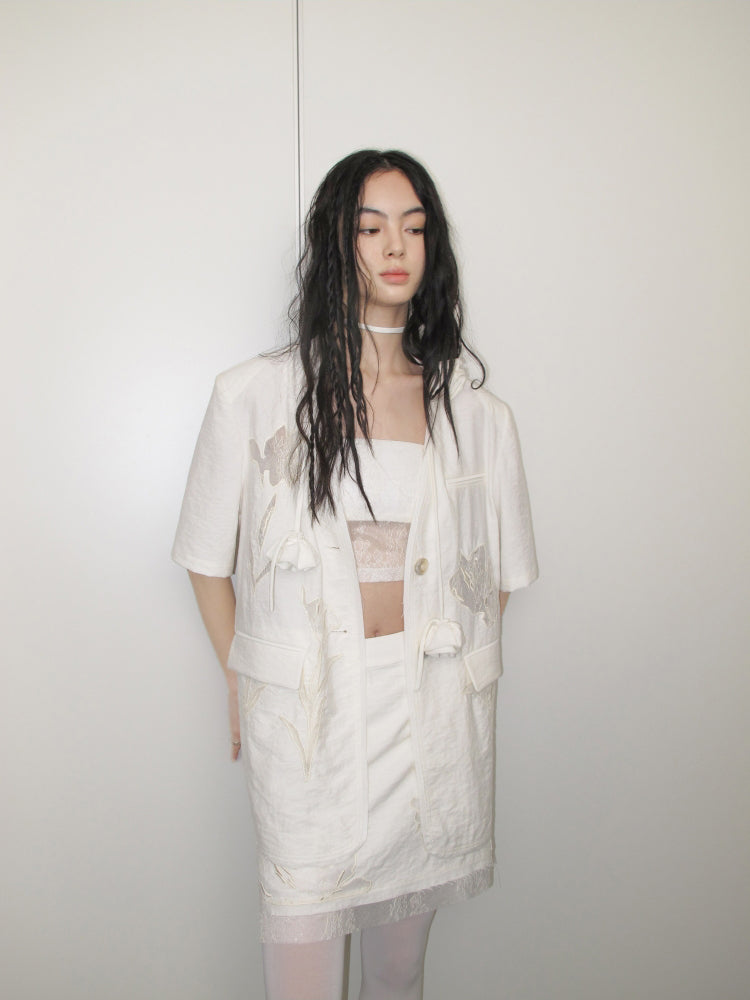 Carved Lace Embroidery Jacket & Camisole & Short Skirt