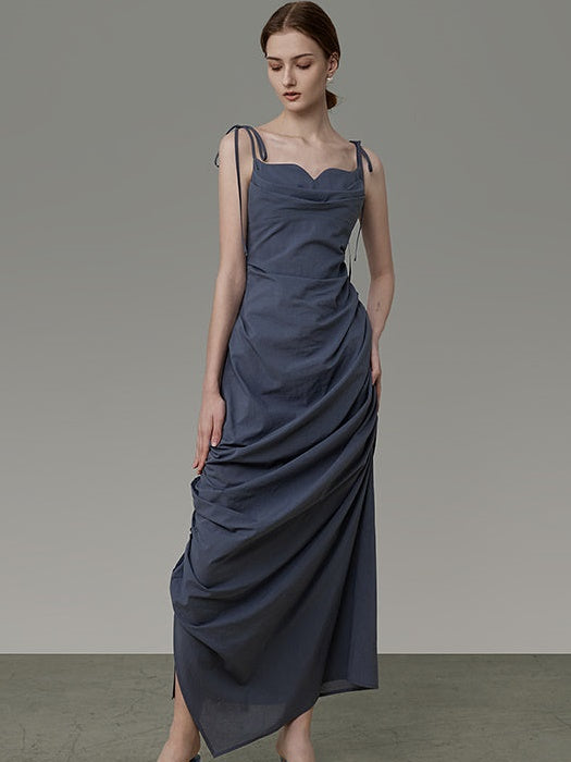 Curved Neckline Drape Suspender Dress