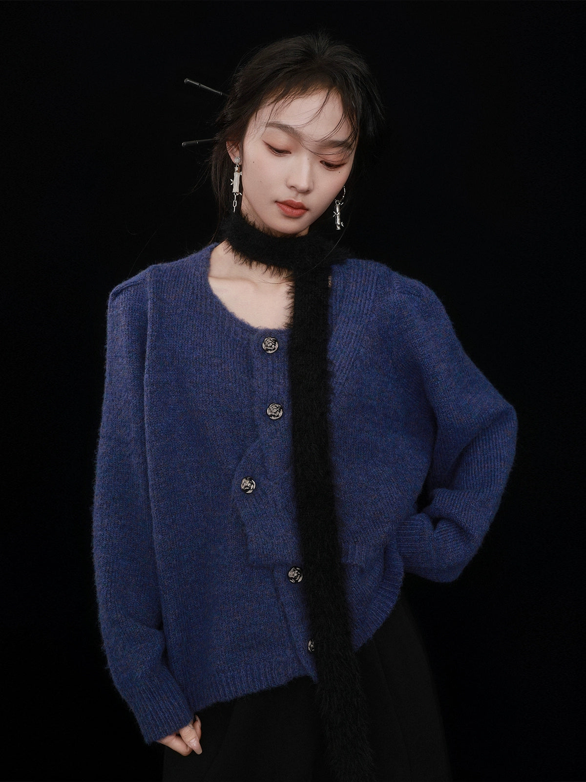 Irregular Button Round Neck Knitted Cardigan