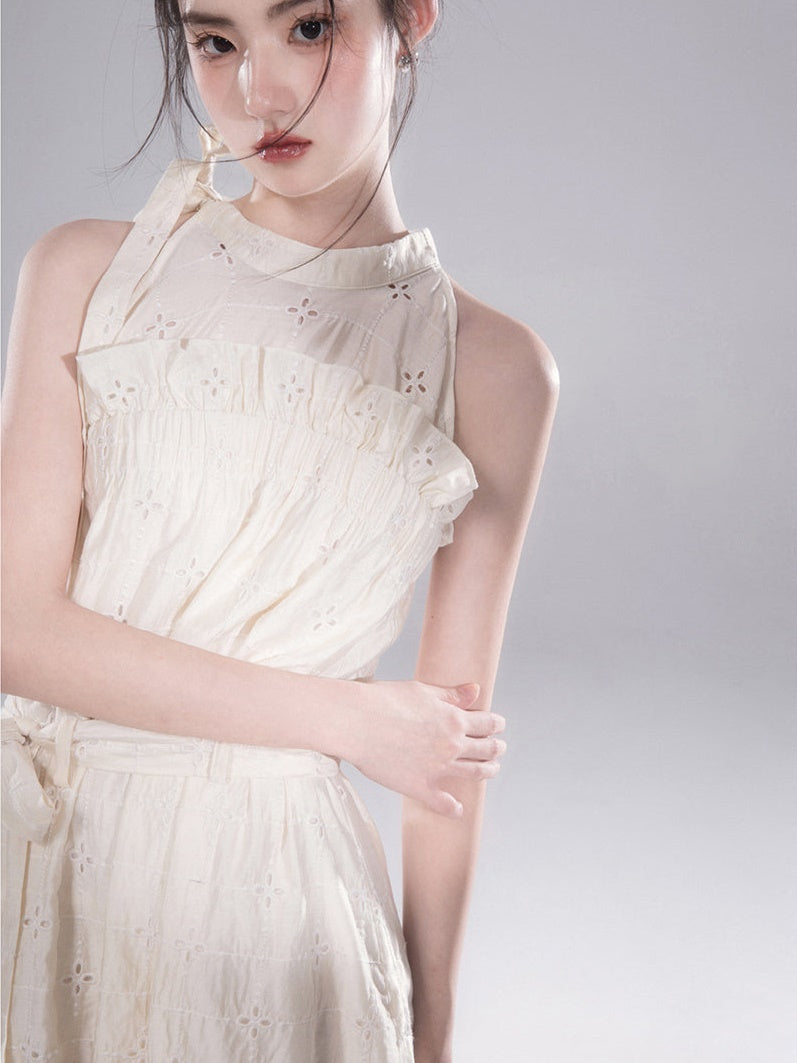 Hollow Cutwork Lace Hanging Neck One-piece