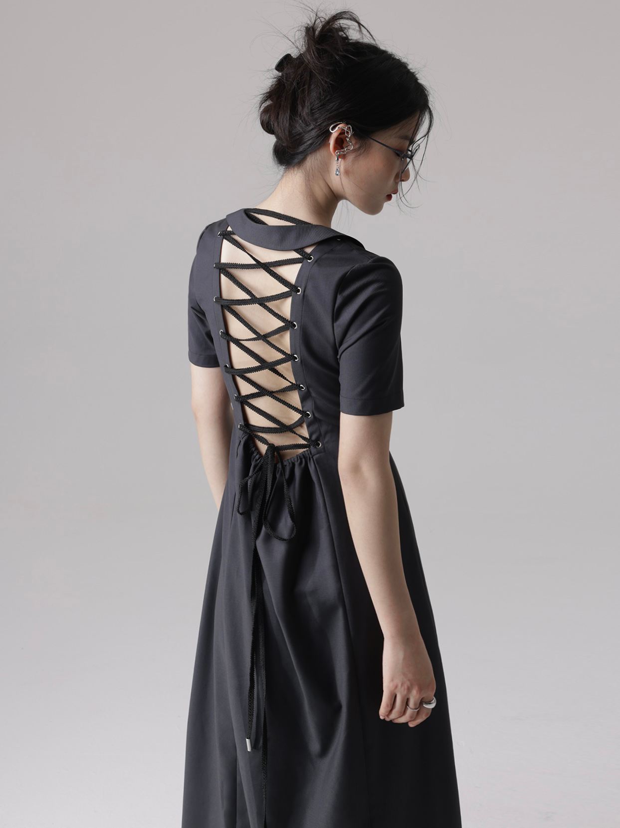 Futuristic Backless Lace-up Asymmetry Collar Dress