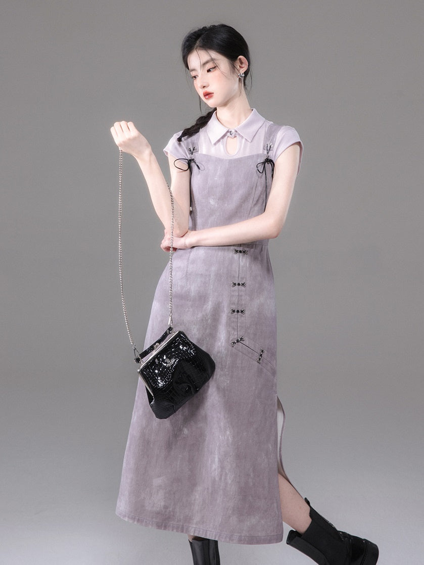 Chinese Style French Sleeve Cutsew & Tie-Dye Printed Suspender One-piece Set-up