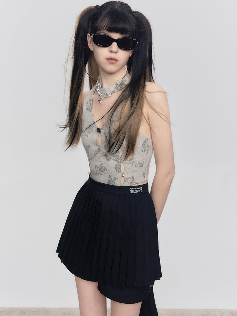 Floral Halter-neck Vest Top & Short Skirt Set-up