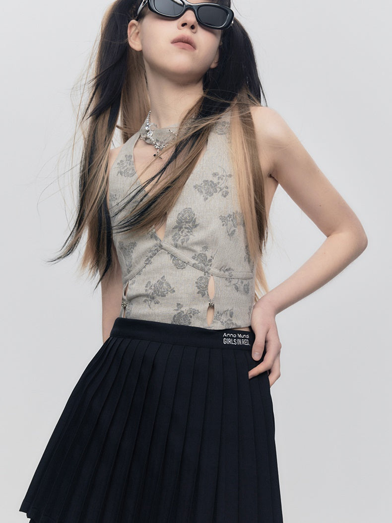 Floral Halter-neck Vest Top & Short Skirt Set-up