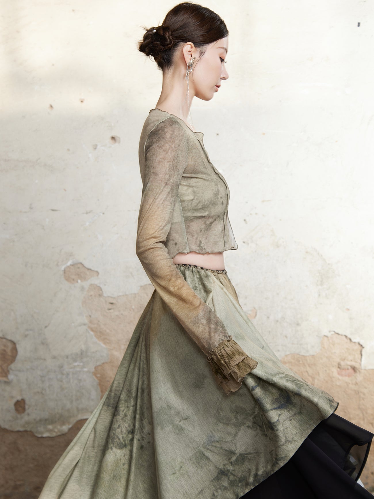 Thin Plant Print Long-sleeved Lace T-shirt