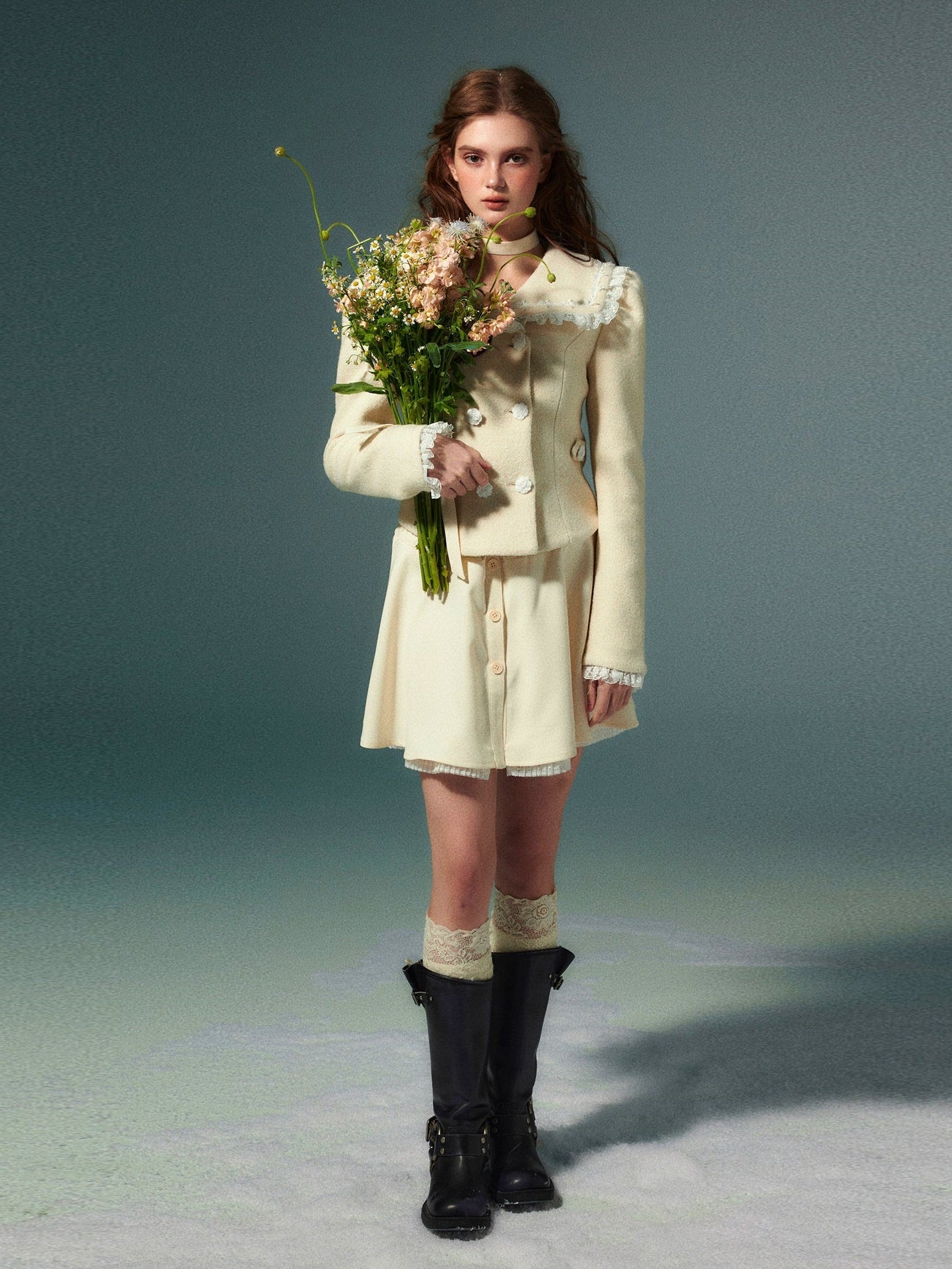 Lace Navy Collar Double-Blest Jacket & Skirt
