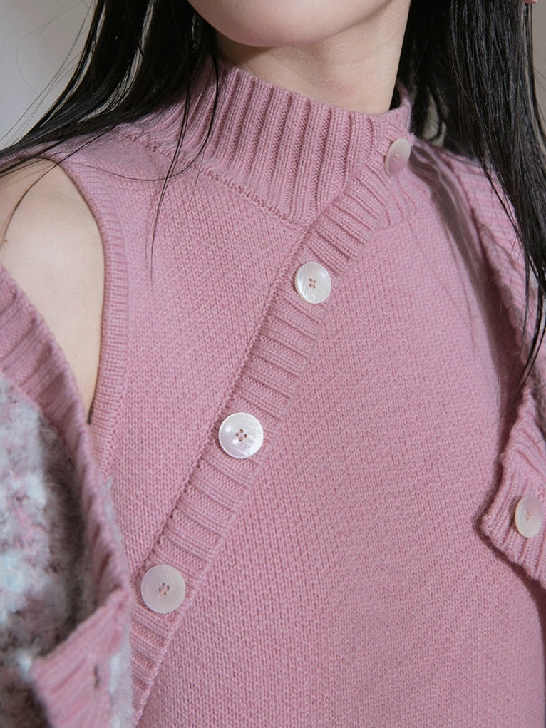 Contrast Color Sleeveless Knitted One-piece & Cardigan Set-up
