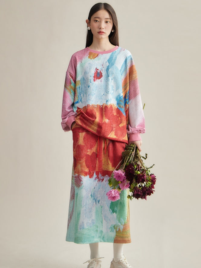 Oil Painting Taste Printed Sweat & Skirt