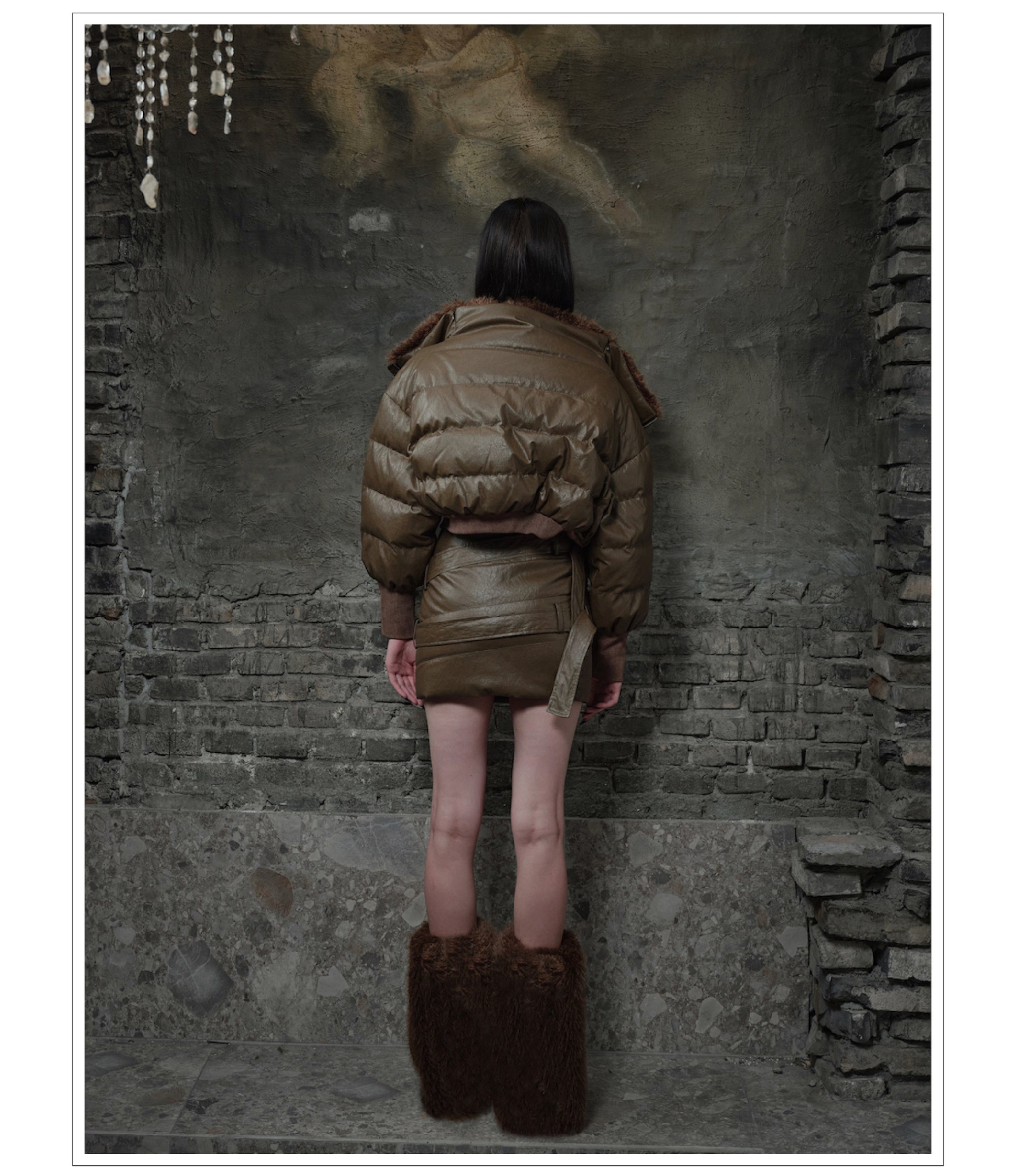 Fur Collar Short Down Jacket & Slant Zipper Skirt