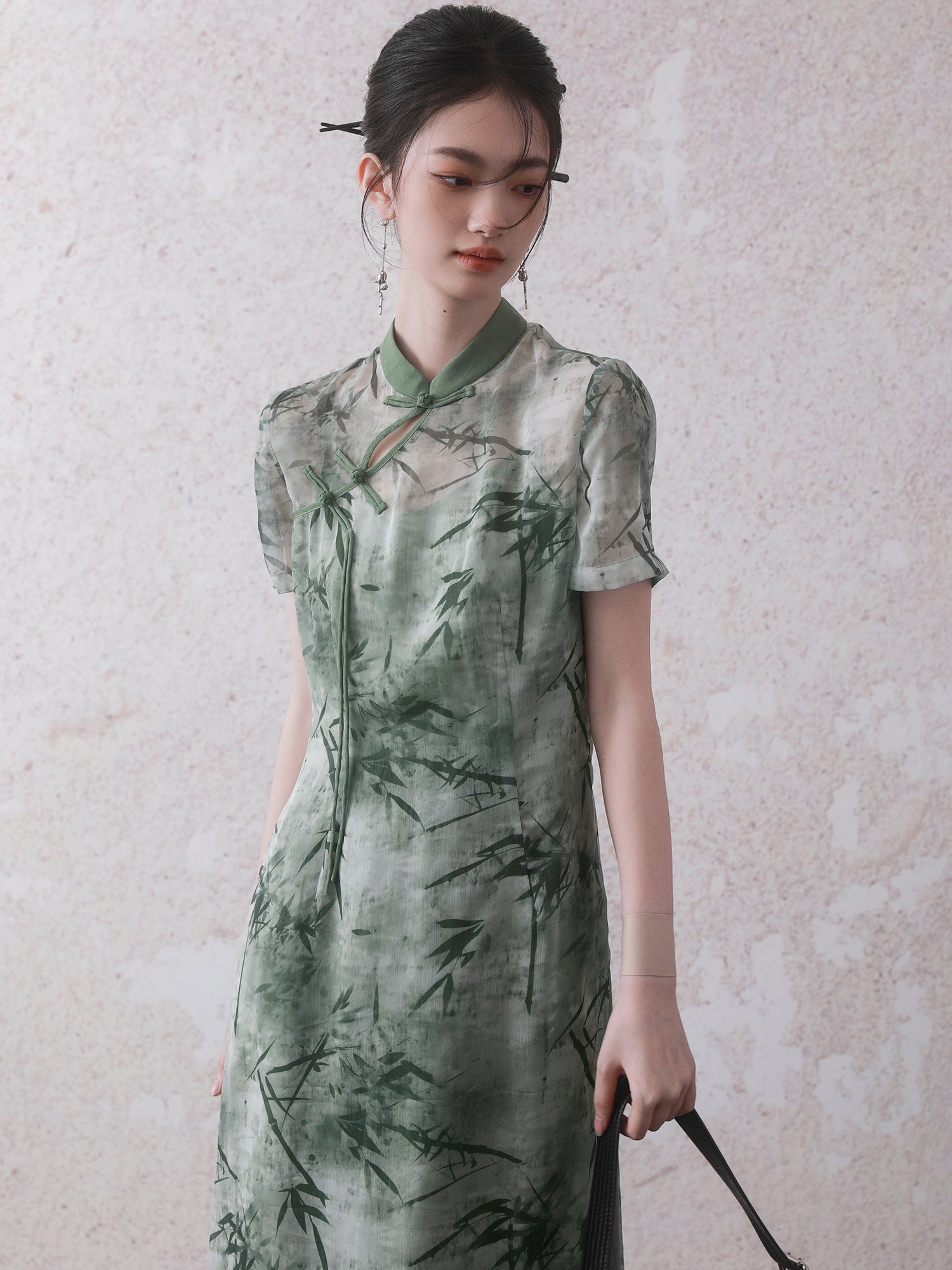Chinese Style Bamboo Leaf Print Long Shirt & Camisole One-piece Set-up