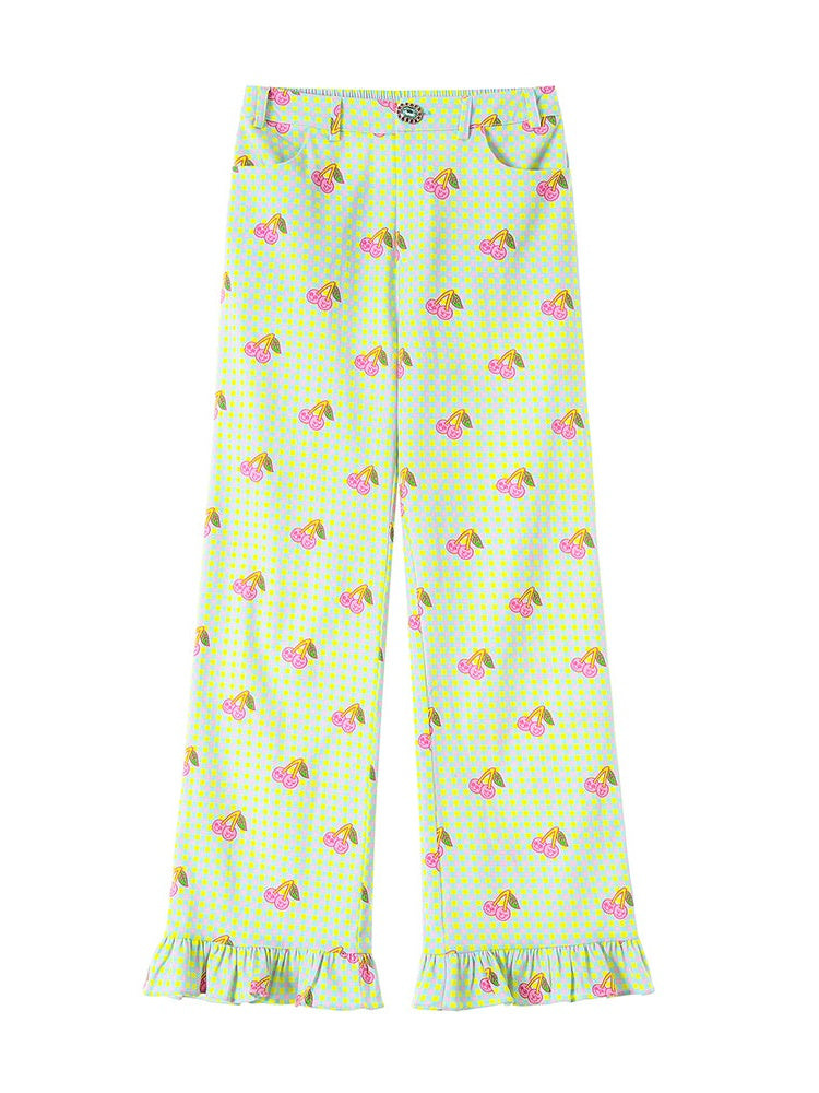 체리 격자 무늬 프린트 프린트 똑바로 바지