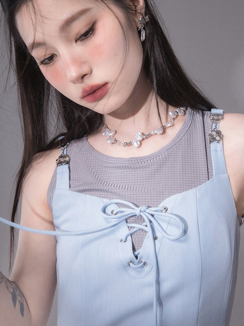 Rope Ribbon Suspender Long Skirt & Short Tank Top Set-up