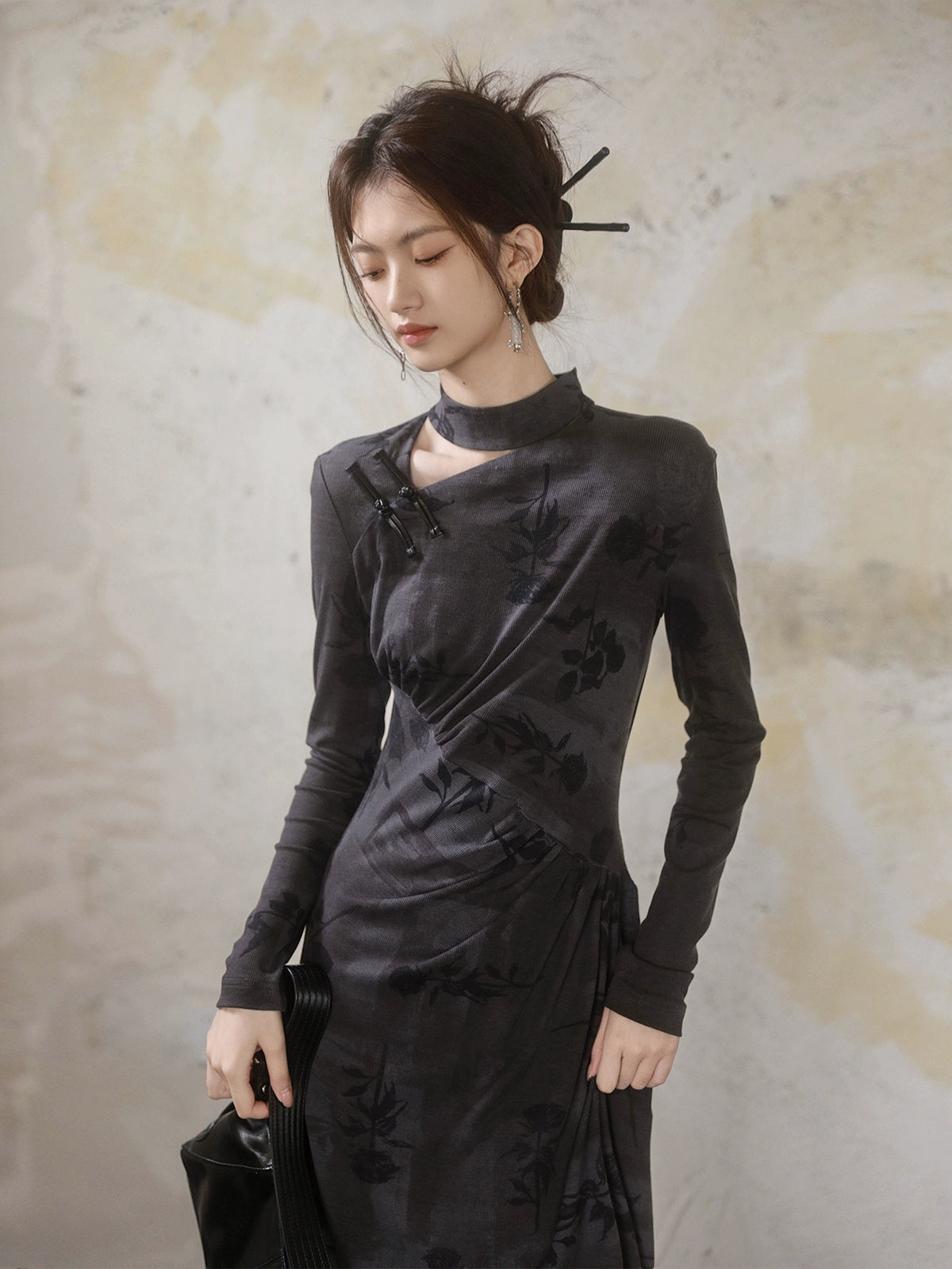 중국 스타일 인쇄 슬림 한 긴팔 드레스