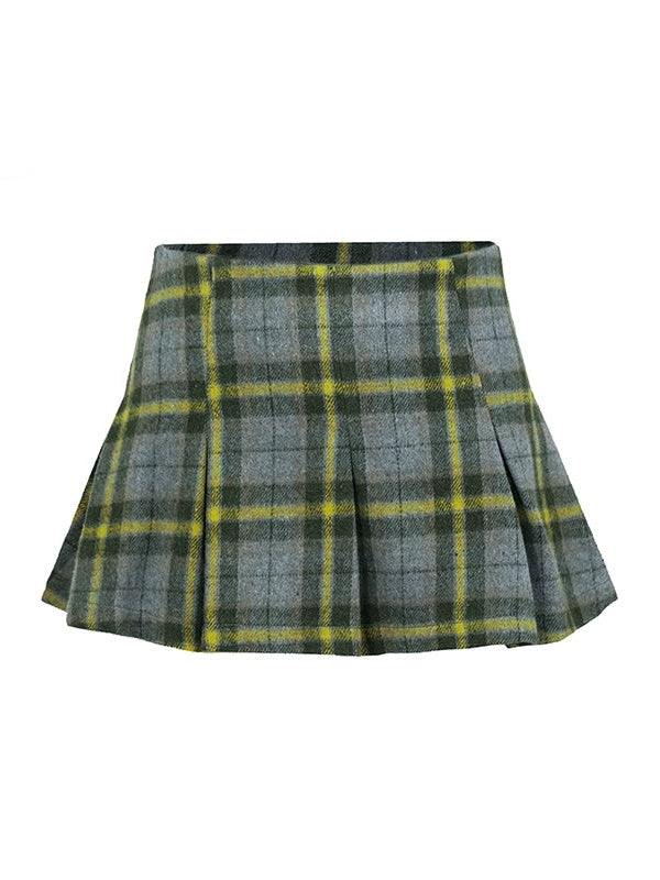 Plaid Short Navy Collar Jacket & Pleated Skirt