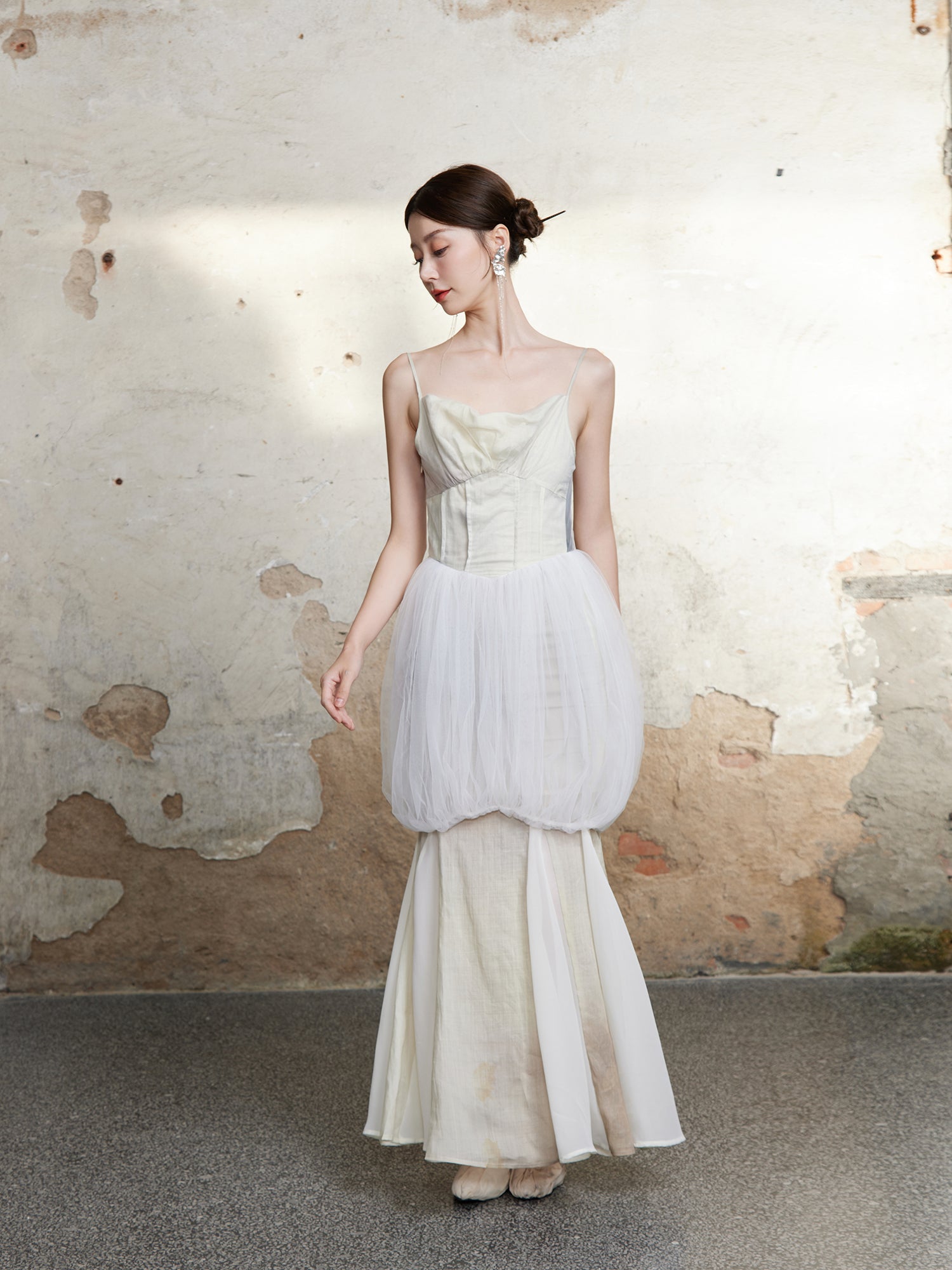 메쉬 꽃 새싹 미끄러짐 긴 드레스