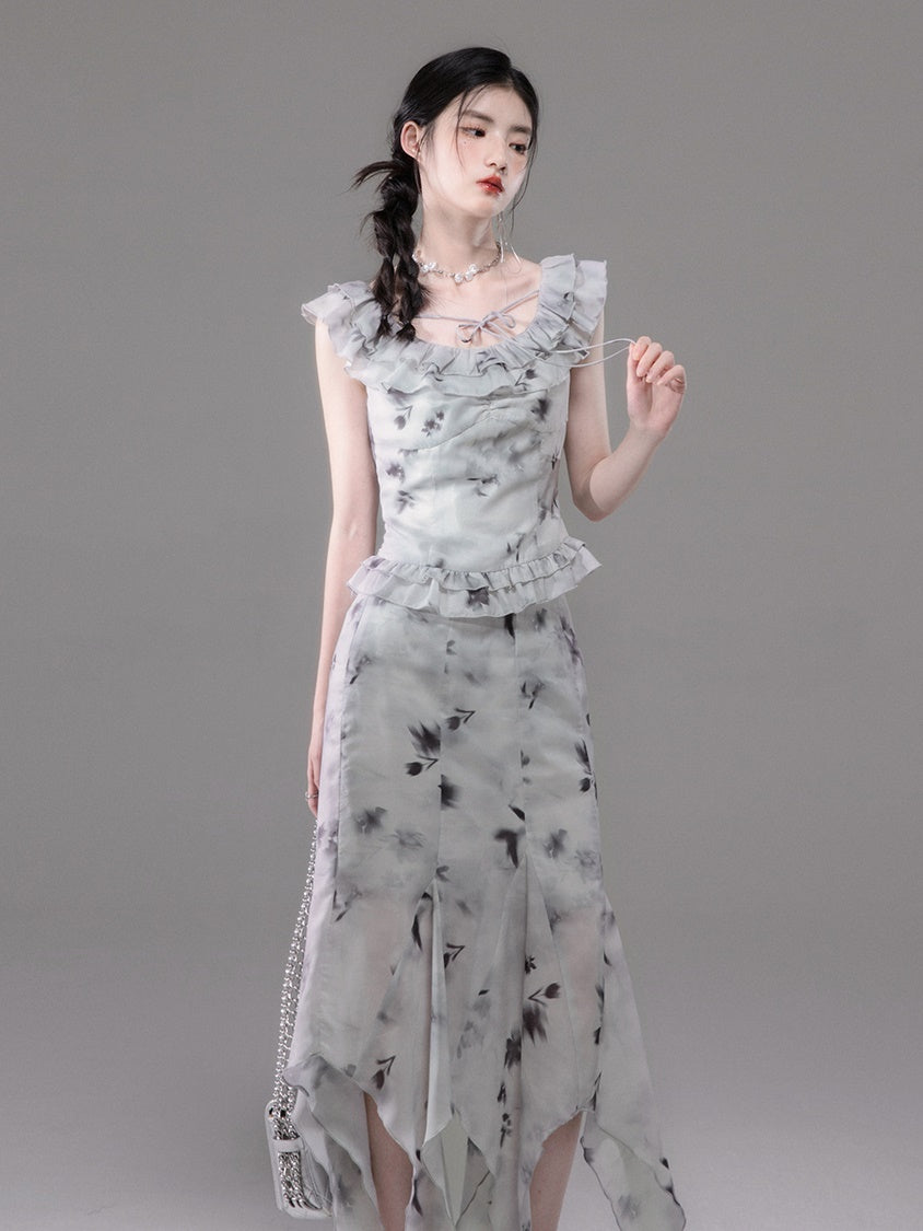 Tulip Mist Ash Ruffled Sleeveless Top & Irregular Hem Skirt Set-up